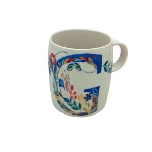 Anthropologie Letter "G" Ceramic Mug 12 oz Floral White signed Starla Halfmann